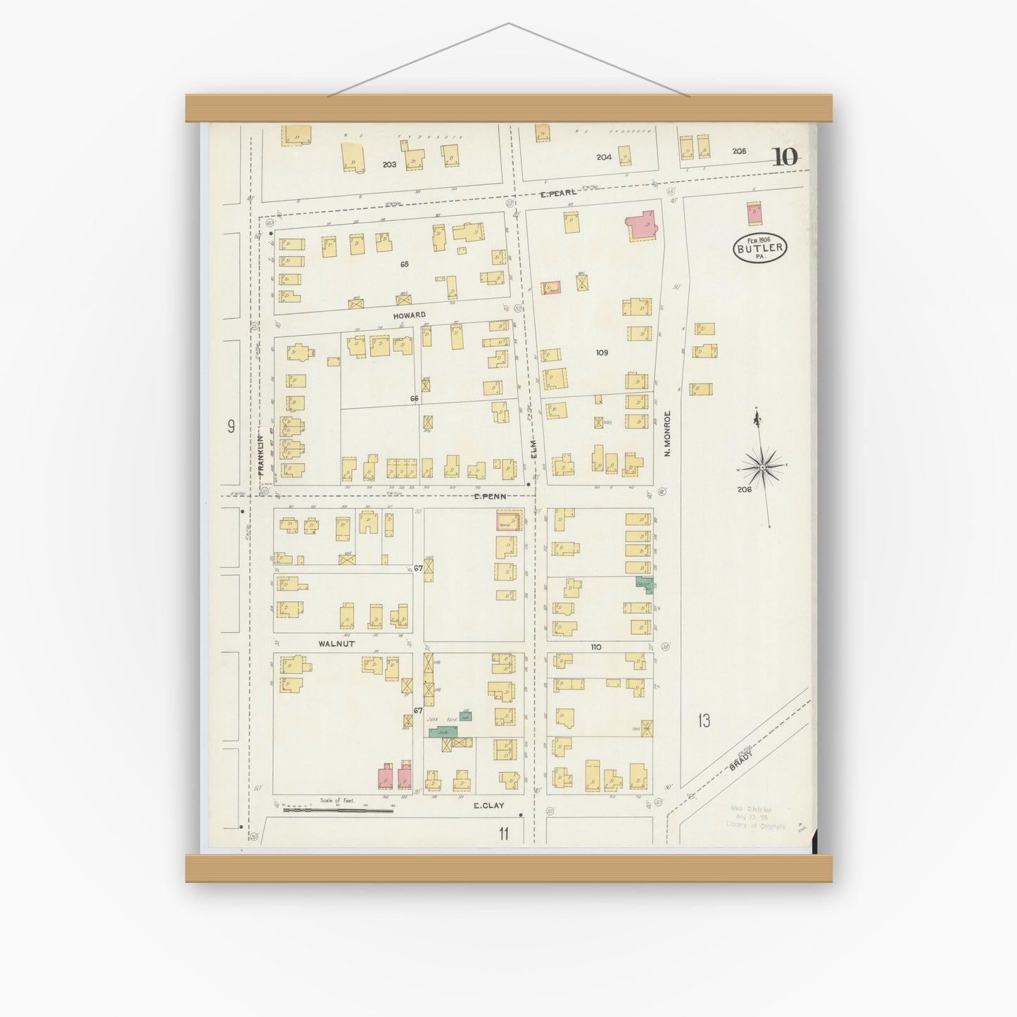 Old map wall art mockup — magnetic wood frame on white wall — Sanborn Fire Insurance Map from Butler, Butler County, Pennsylvania (1906), Sheet #0010