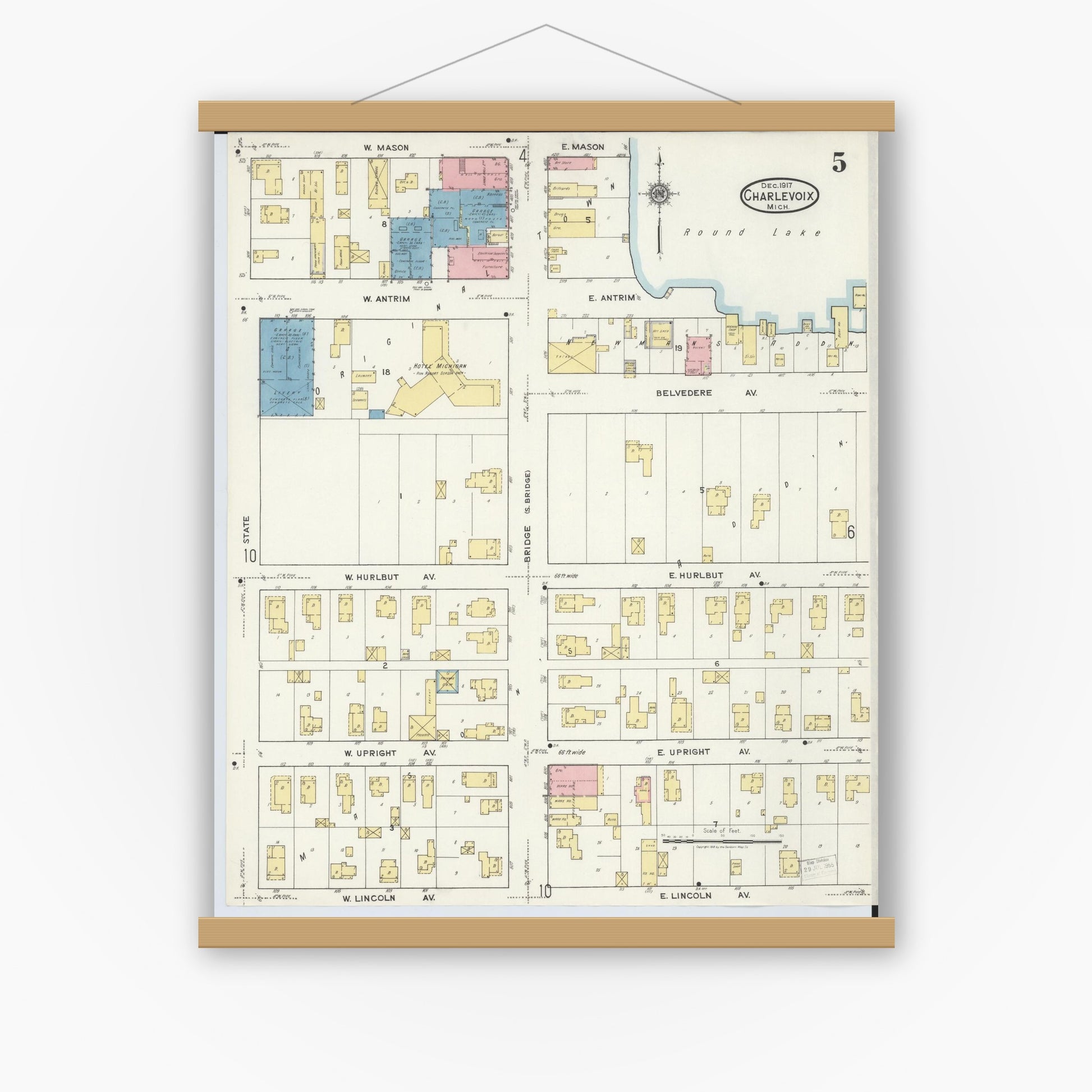 Old map wall art mockup — magnetic wood frame on white wall — Sanborn Fire Insurance Map from Charlevoix, Charlevoix County, Michigan (1917), Sheet #0005