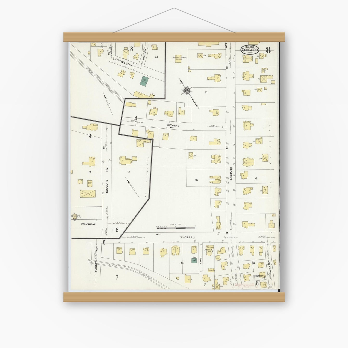 Old map wall art mockup — magnetic wood frame on white wall — Sanborn Fire Insurance Map from Concord, Middlesex County, Massachusetts (1909), Sheet #0008