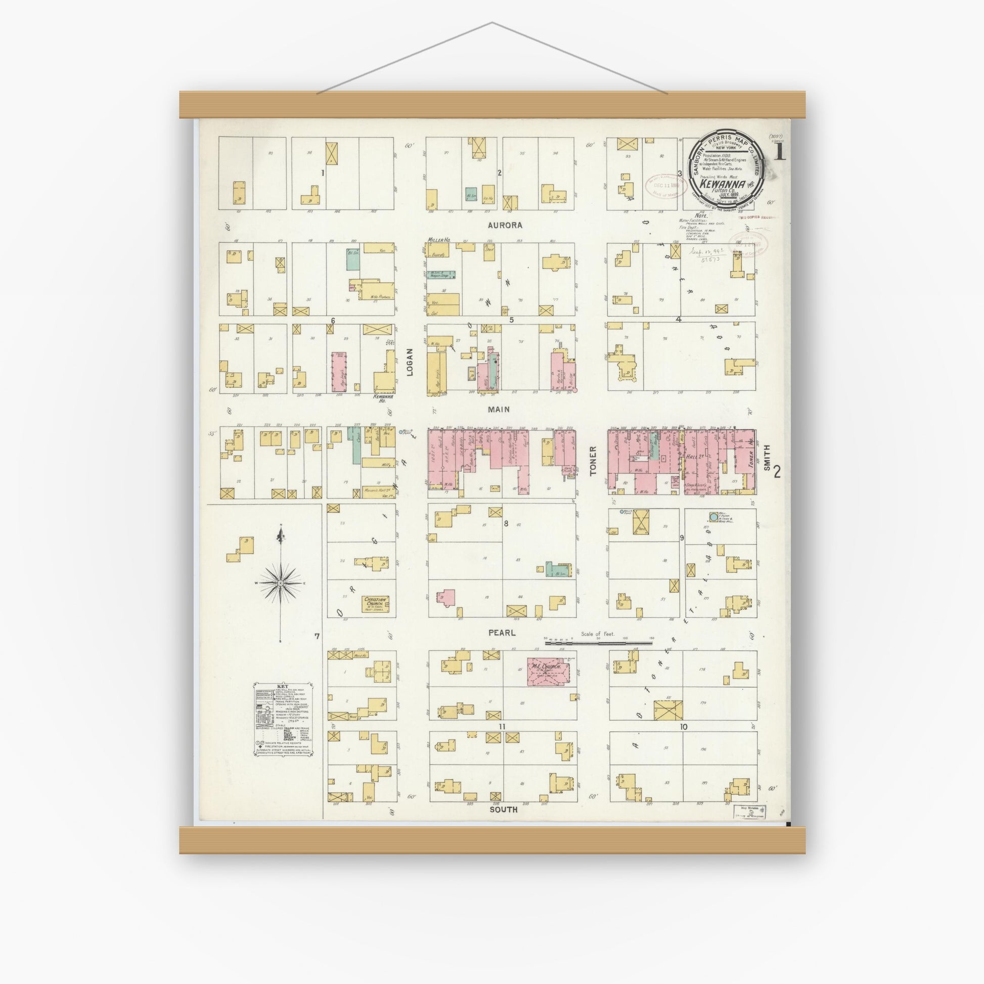 Old map wall art mockup — magnetic wood frame on white wall — Sanborn Fire Insurance Map from Kewanna, Fulton County, Indiana (1899) - Complete Map Set