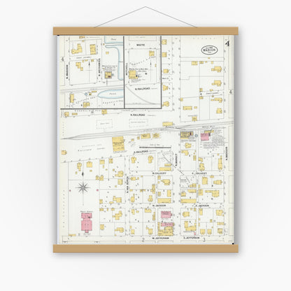 Old map wall art mockup — magnetic wood frame on white wall — Sanborn Fire Insurance Map from Marion, Williamson County, Illinois (1900), Sheet #0006