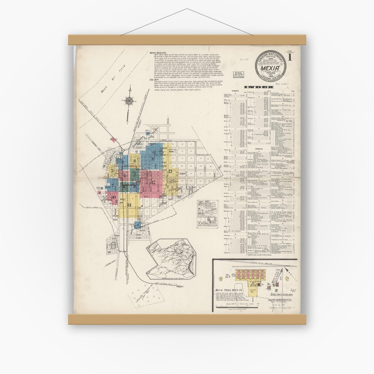 Old map wall art mockup — magnetic wood frame on white wall — Sanborn Fire Insurance Map from Mexia, Limestone County, Texas (1922) - Complete Map Set