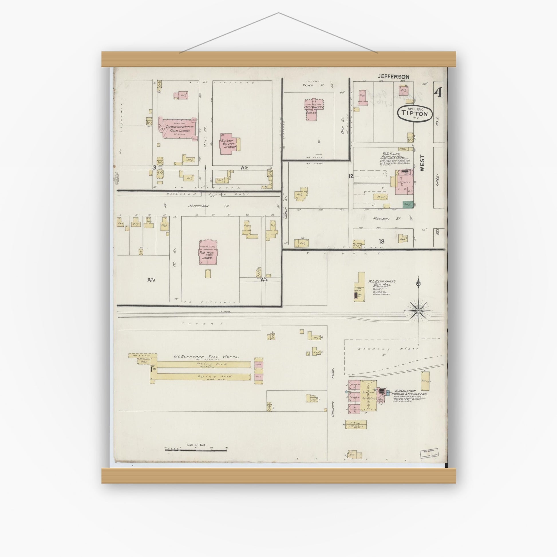 Old map wall art mockup — magnetic wood frame on white wall — Sanborn Fire Insurance Map from Tipton, Tipton County, Indiana (1890), Sheet #0004