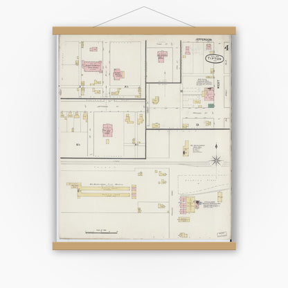 Old map wall art mockup — magnetic wood frame on white wall — Sanborn Fire Insurance Map from Tipton, Tipton County, Indiana (1890), Sheet #0004