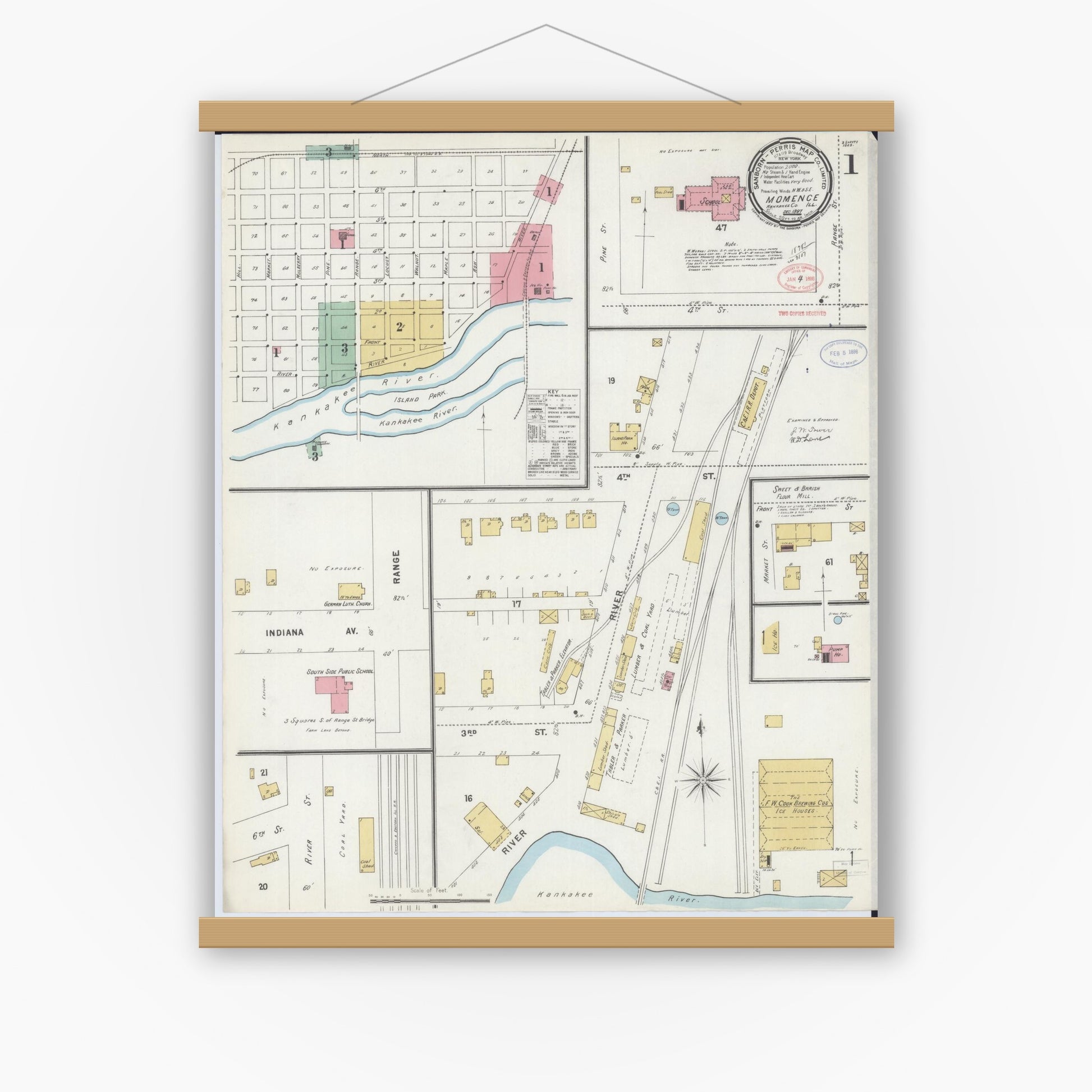 Old map wall art mockup — magnetic wood frame on white wall — Sanborn Fire Insurance Map from Momence, Kankakee County, Illinois (1897), Sheet #0001