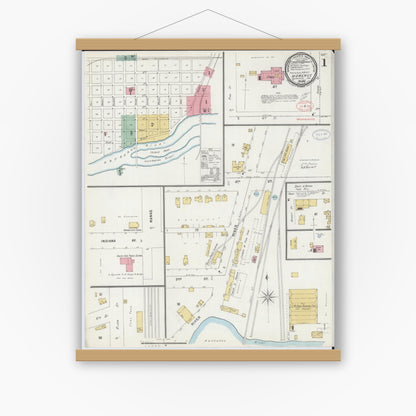Old map wall art mockup — magnetic wood frame on white wall — Sanborn Fire Insurance Map from Momence, Kankakee County, Illinois (1897), Sheet #0001