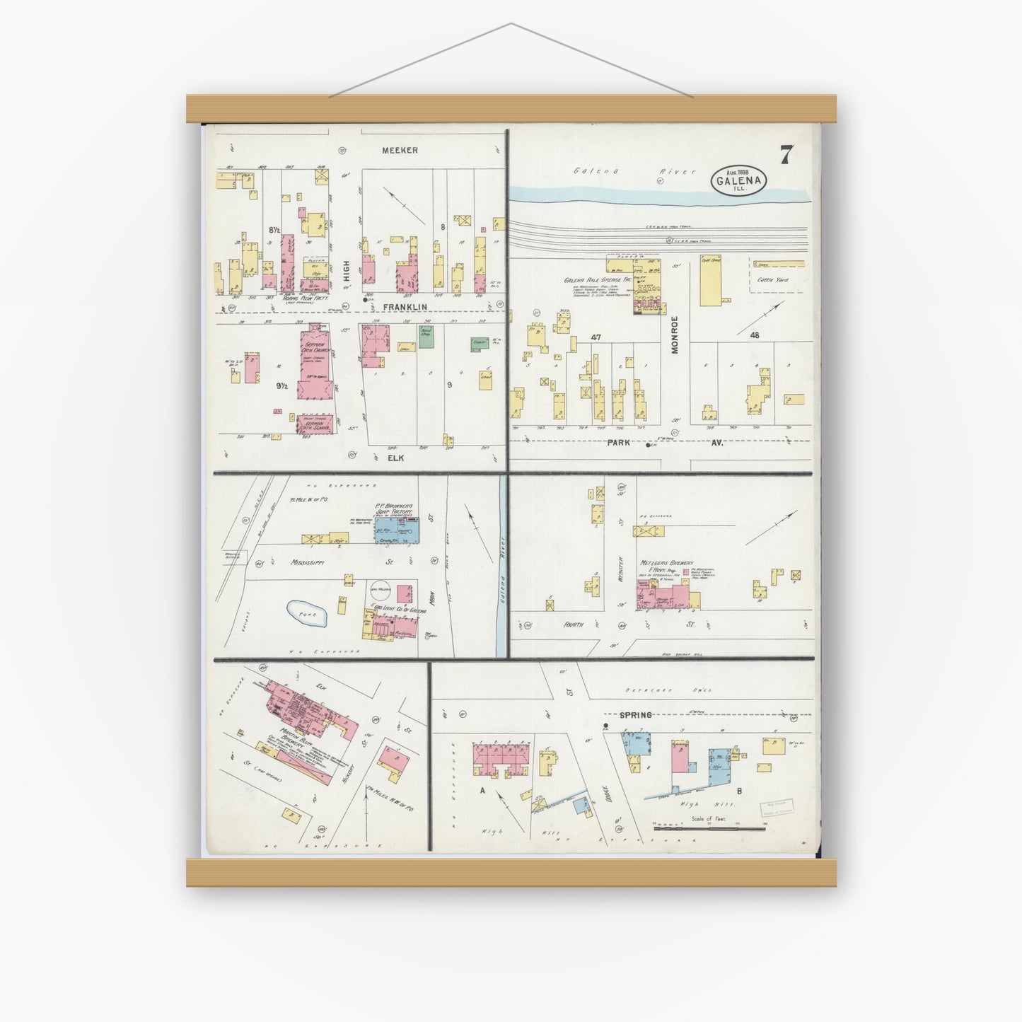 Old map wall art mockup — magnetic wood frame on white wall — Sanborn Fire Insurance Map from Galena, Jo Daviess County, Illinois (1898), Sheet #0007