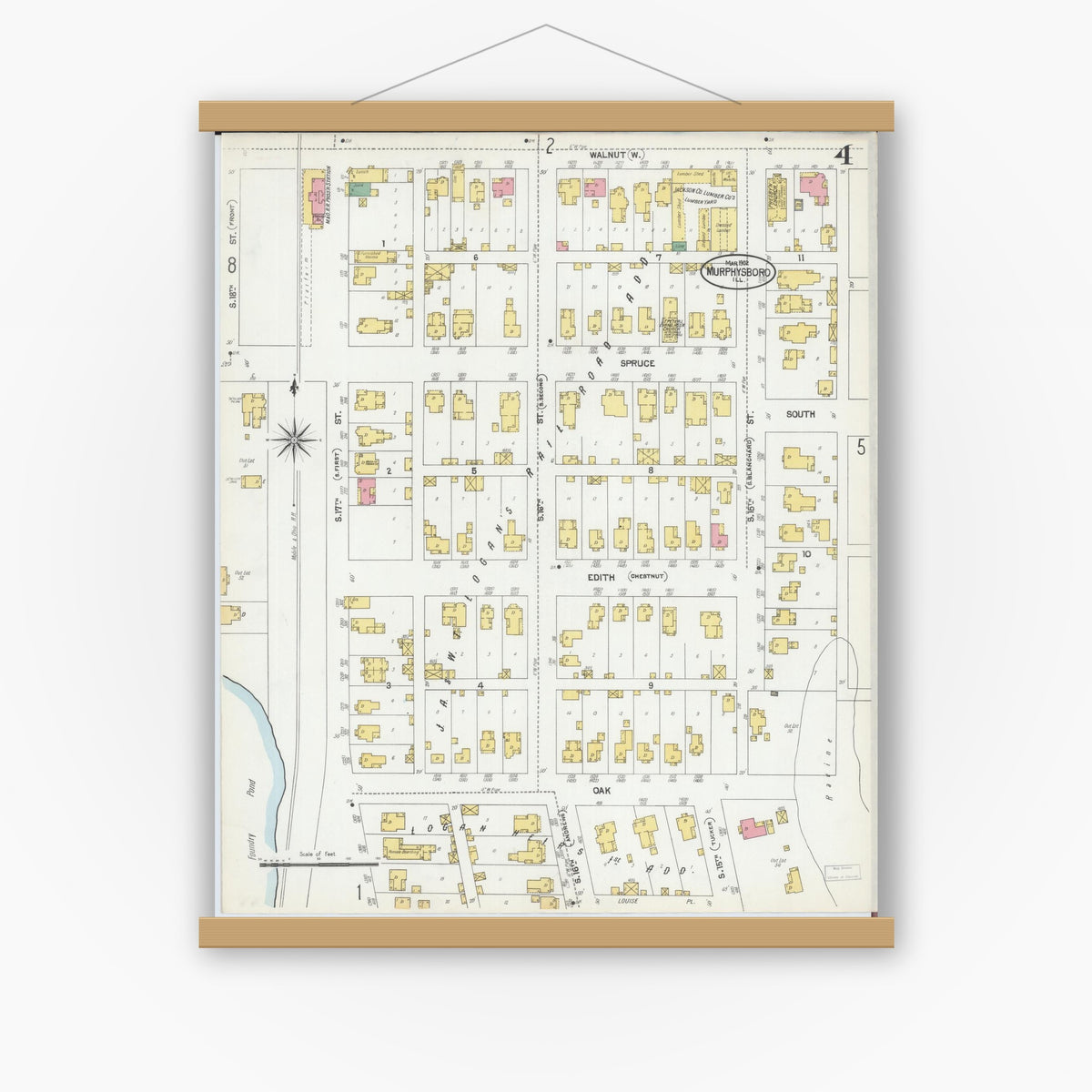 Old map wall art mockup — magnetic wood frame on white wall — Sanborn Fire Insurance Map from Murphysboro, Jackson County, Illinois (1902), Sheet #0004