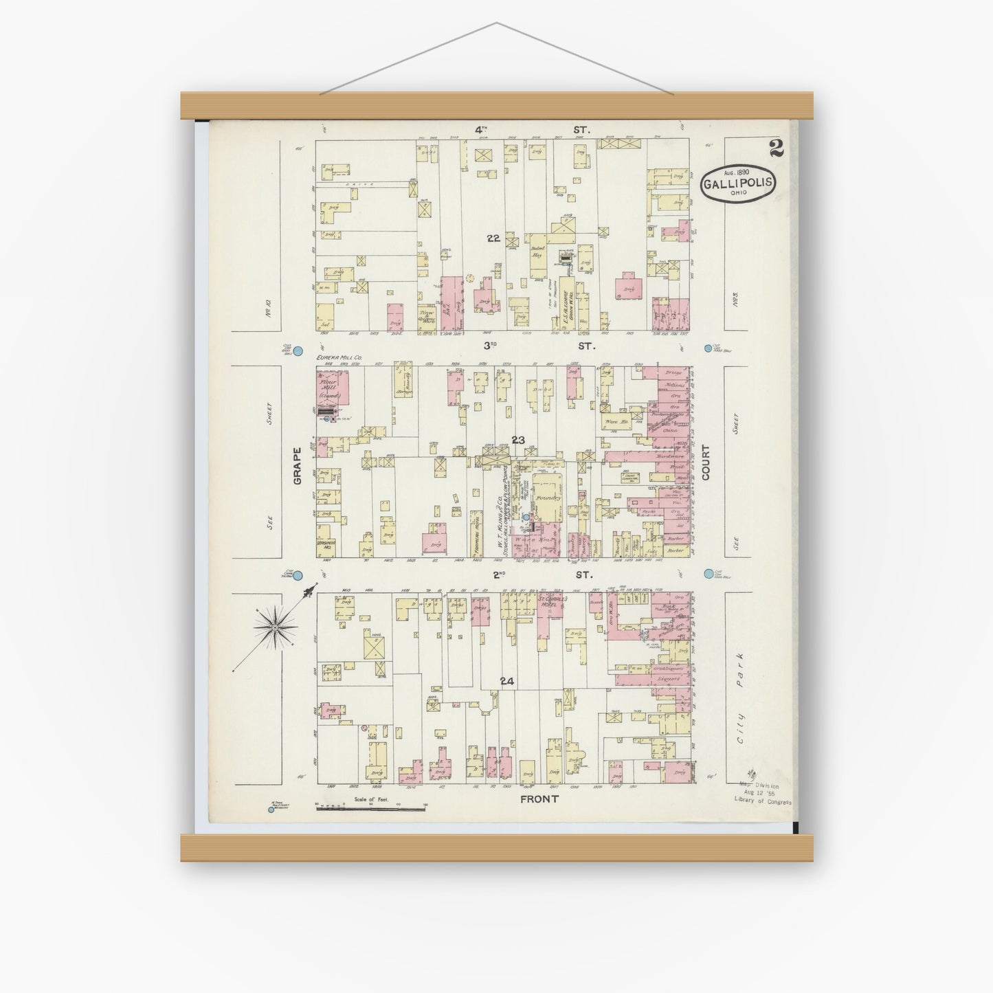 Old map wall art mockup — magnetic wood frame on white wall — Sanborn Fire Insurance Map from Gallipolis, Gallia County, Ohio (1890), Sheet #0002