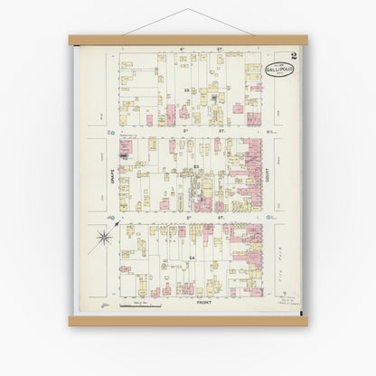 Old map wall art mockup — magnetic wood frame on white wall — Sanborn Fire Insurance Map from Gallipolis, Gallia County, Ohio (1890), Sheet #0002