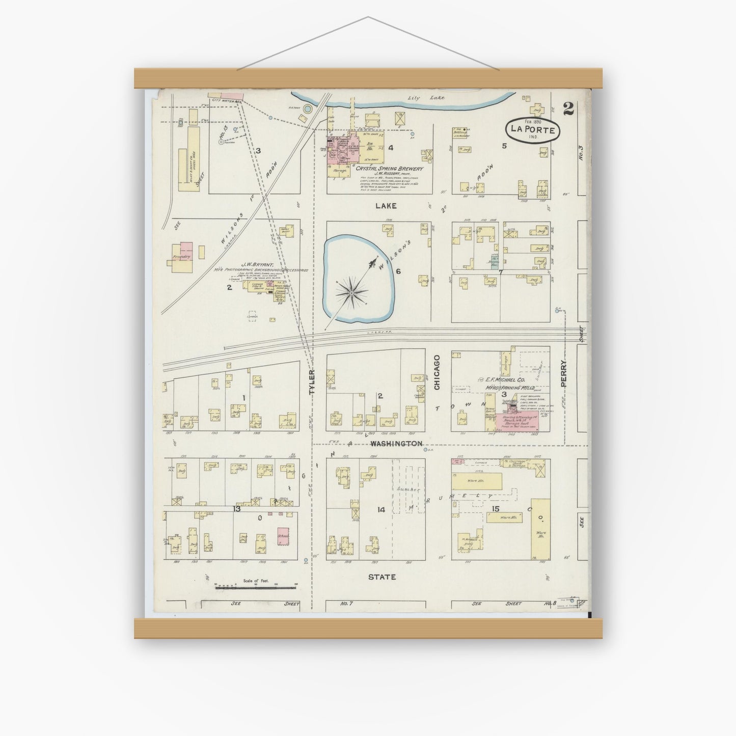 Old map wall art mockup — magnetic wood frame on white wall — Sanborn Fire Insurance Map from La Porte, La Porte County, Indiana (1890), Sheet #0002