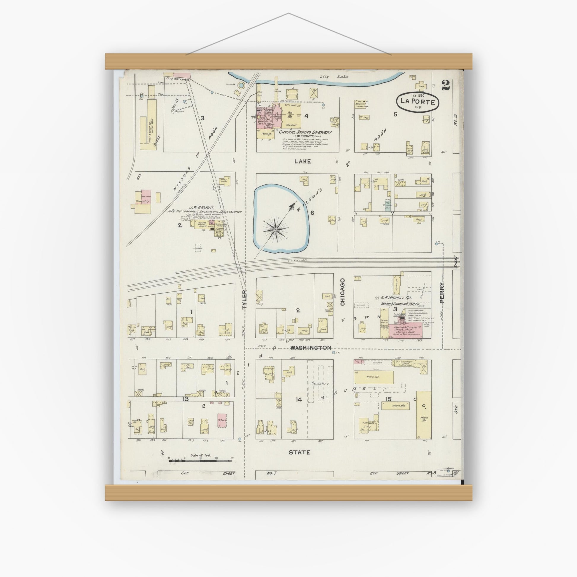Old map wall art mockup — magnetic wood frame on white wall — Sanborn Fire Insurance Map from La Porte, La Porte County, Indiana (1890), Sheet #0002