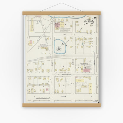 Old map wall art mockup — magnetic wood frame on white wall — Sanborn Fire Insurance Map from La Porte, La Porte County, Indiana (1890), Sheet #0002