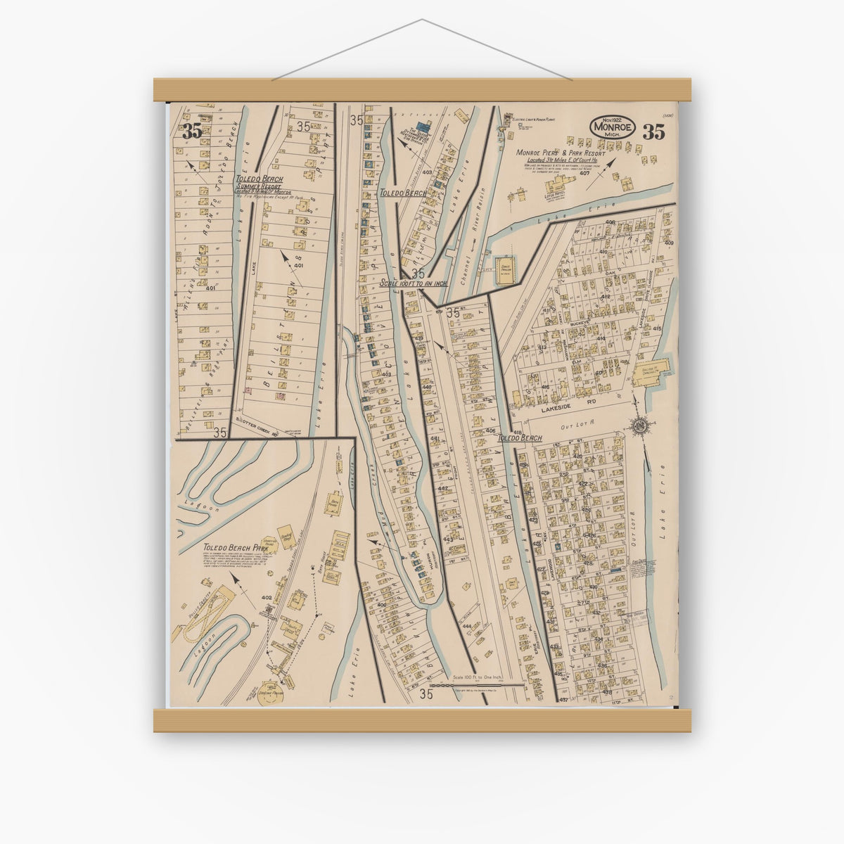 Old map wall art mockup — magnetic wood frame on white wall — Sanborn Fire Insurance Map from Monroe, Monroe County, Michigan (1922), Sheet #0035