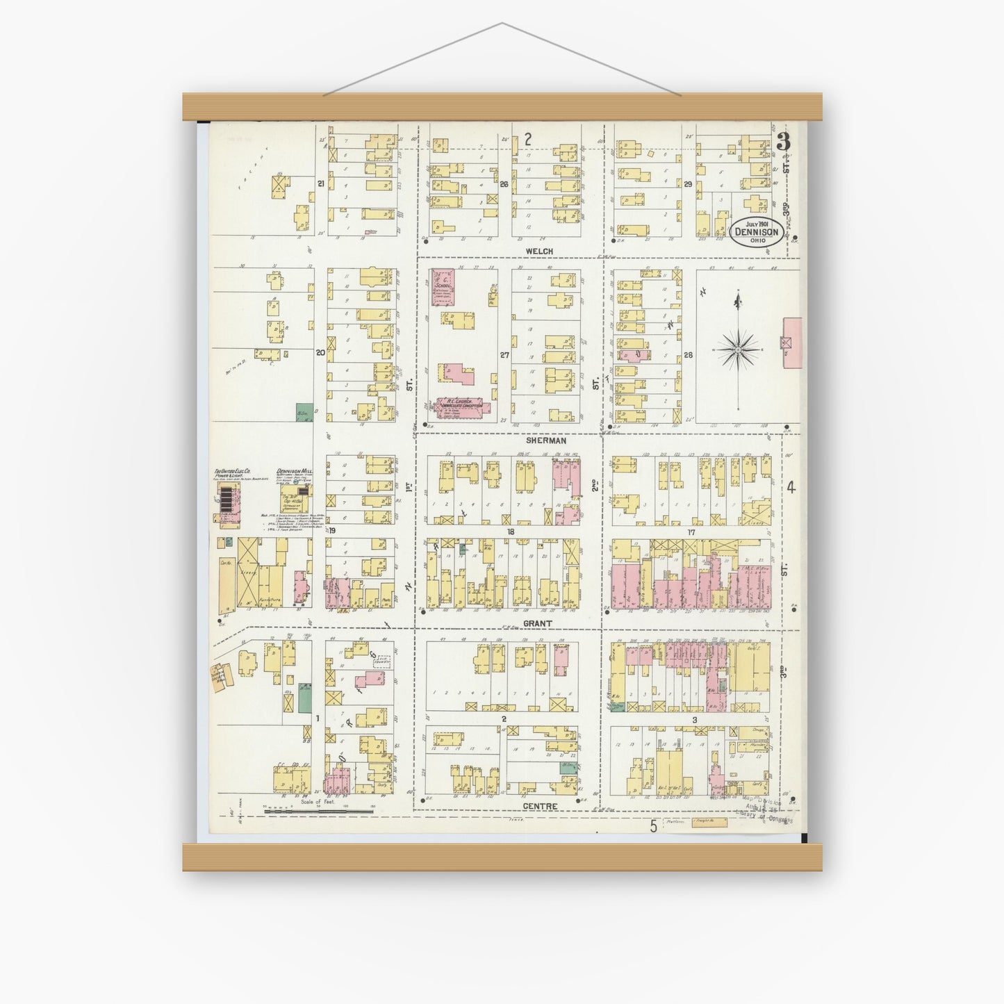 Old map wall art mockup — magnetic wood frame on white wall — Sanborn Fire Insurance Map from Dennison, Tuscarawas County, Ohio (1901), Sheet #0003