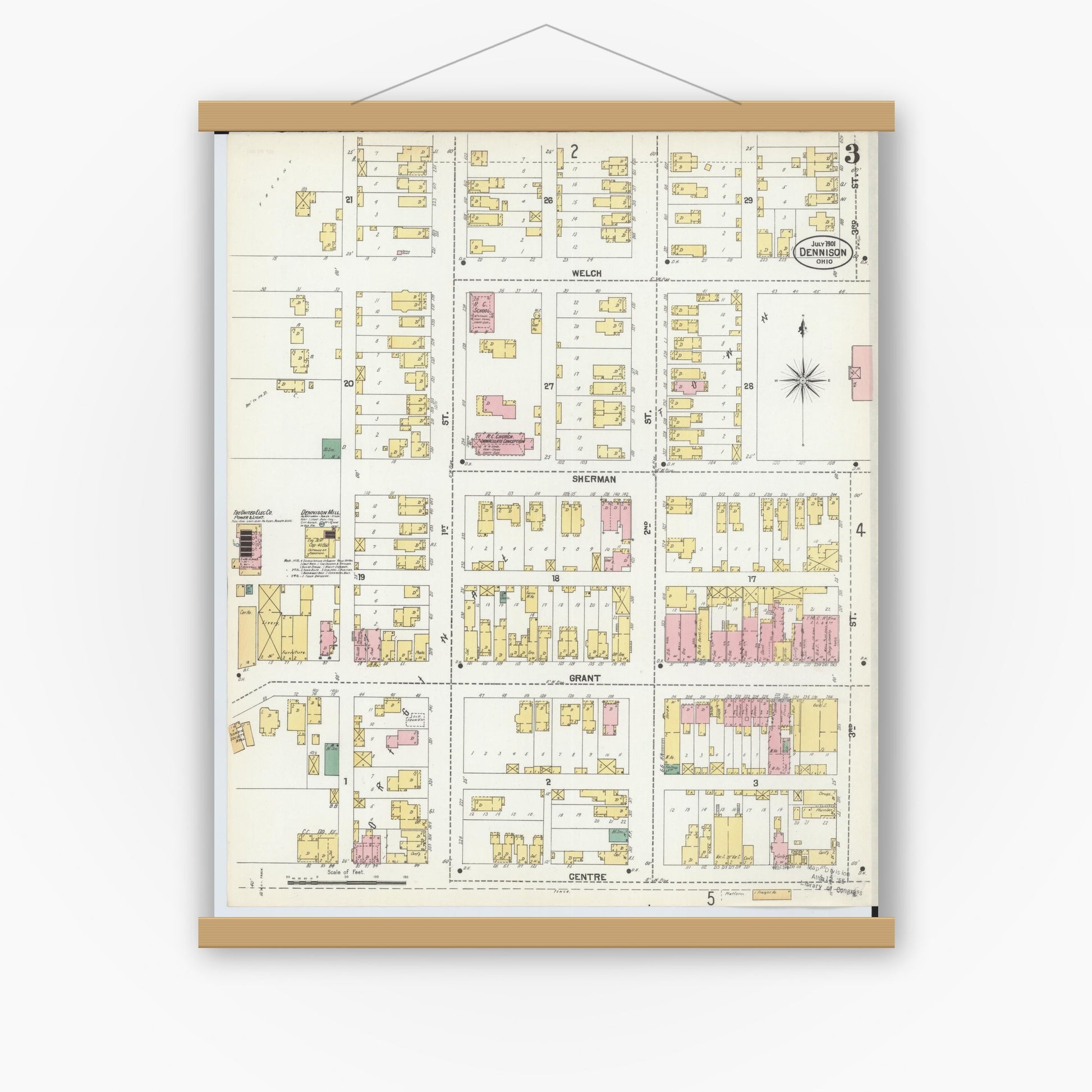 Old map wall art mockup — magnetic wood frame on white wall — Sanborn Fire Insurance Map from Dennison, Tuscarawas County, Ohio (1901), Sheet #0003