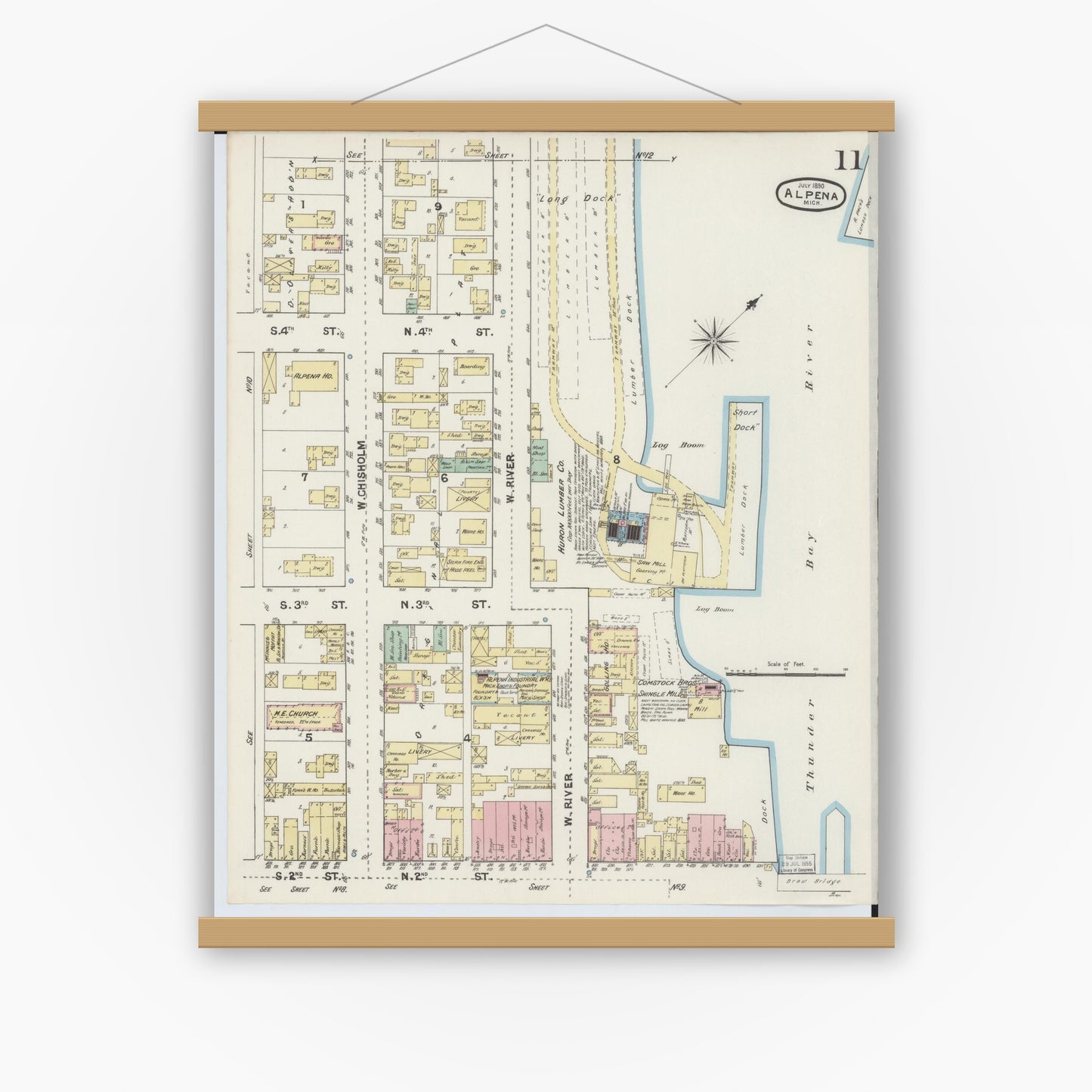 Old map wall art mockup — magnetic wood frame on white wall — Sanborn Fire Insurance Map from Alpena, Alpena County, Michigan (1890), Sheet #0011