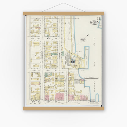 Old map wall art mockup — magnetic wood frame on white wall — Sanborn Fire Insurance Map from Alpena, Alpena County, Michigan (1890), Sheet #0011