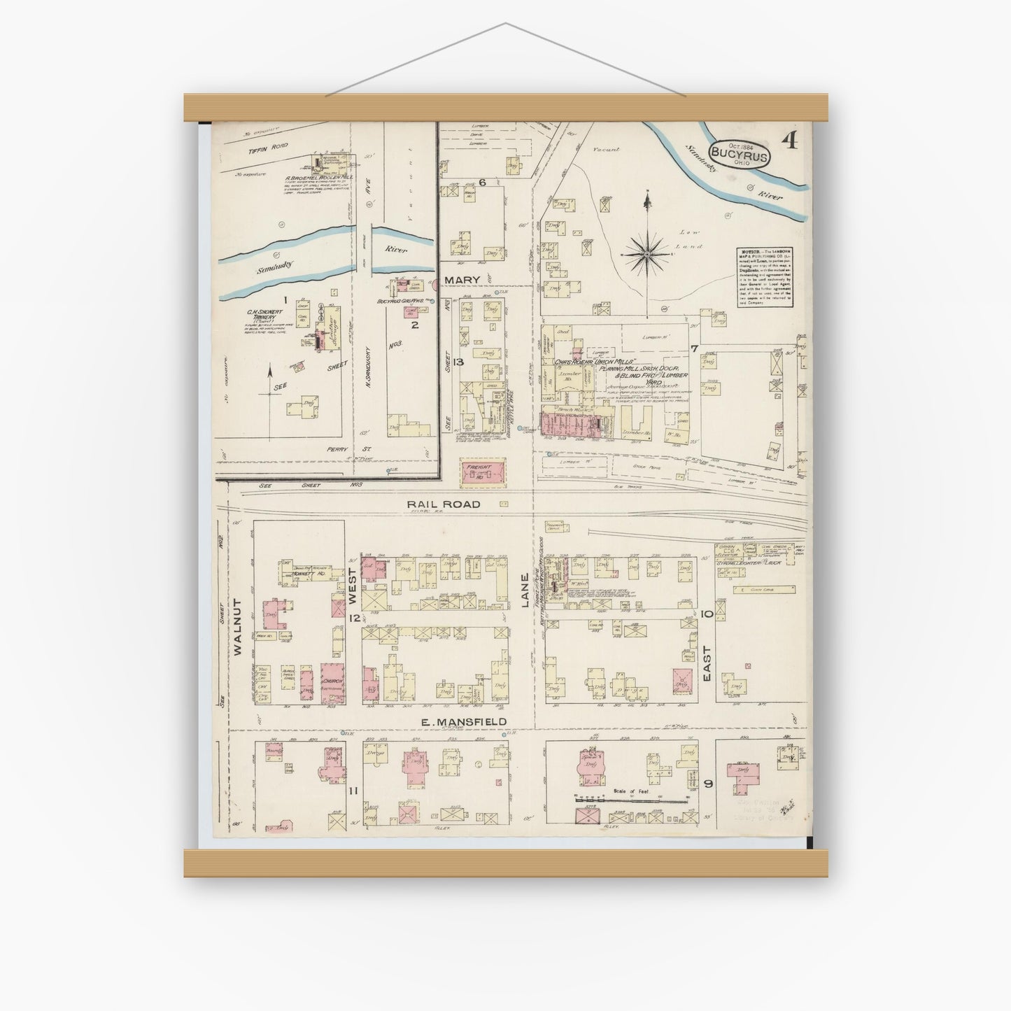 Old map wall art mockup — magnetic wood frame on white wall — Sanborn Fire Insurance Map from Bucyrus, Crawford County, Ohio (1884), Sheet #0004