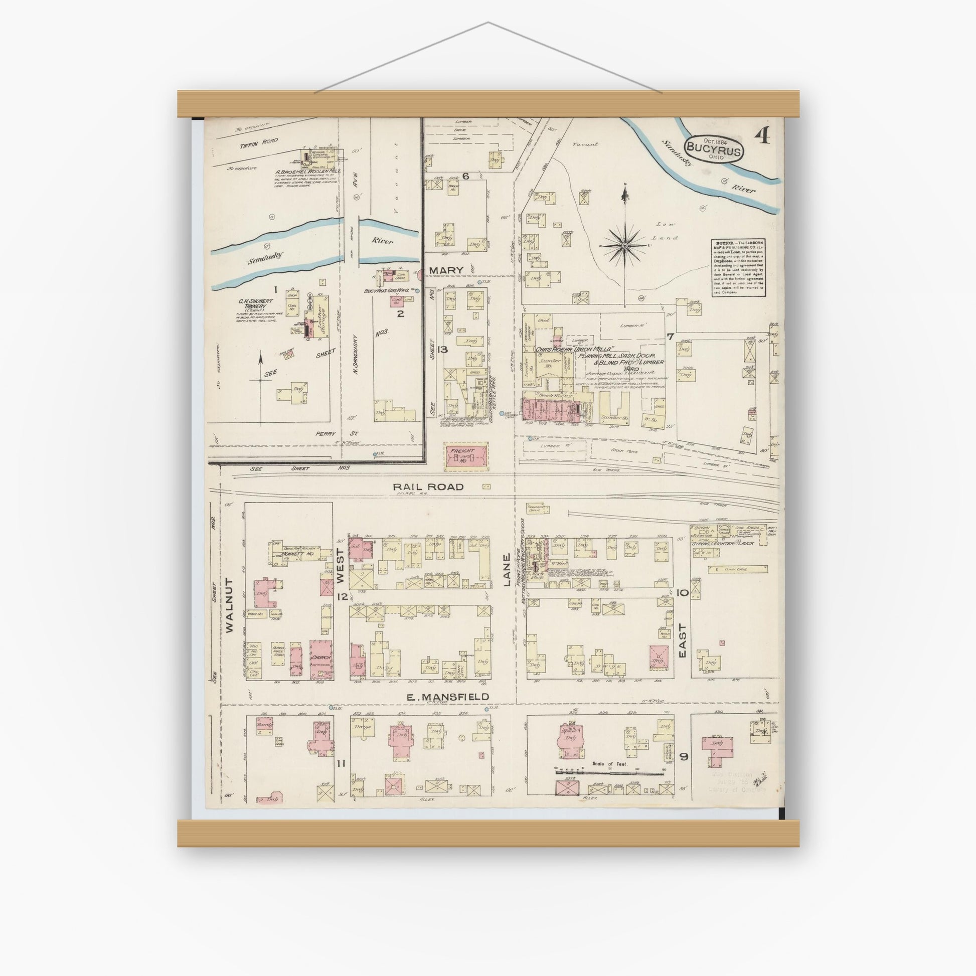 Old map wall art mockup — magnetic wood frame on white wall — Sanborn Fire Insurance Map from Bucyrus, Crawford County, Ohio (1884), Sheet #0004