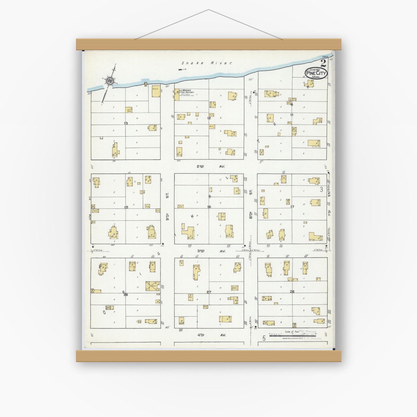 Old map wall art mockup — magnetic wood frame on white wall — Sanborn Fire Insurance Map from Pine City, Pine County, Minnesota (1921), Sheet #0002