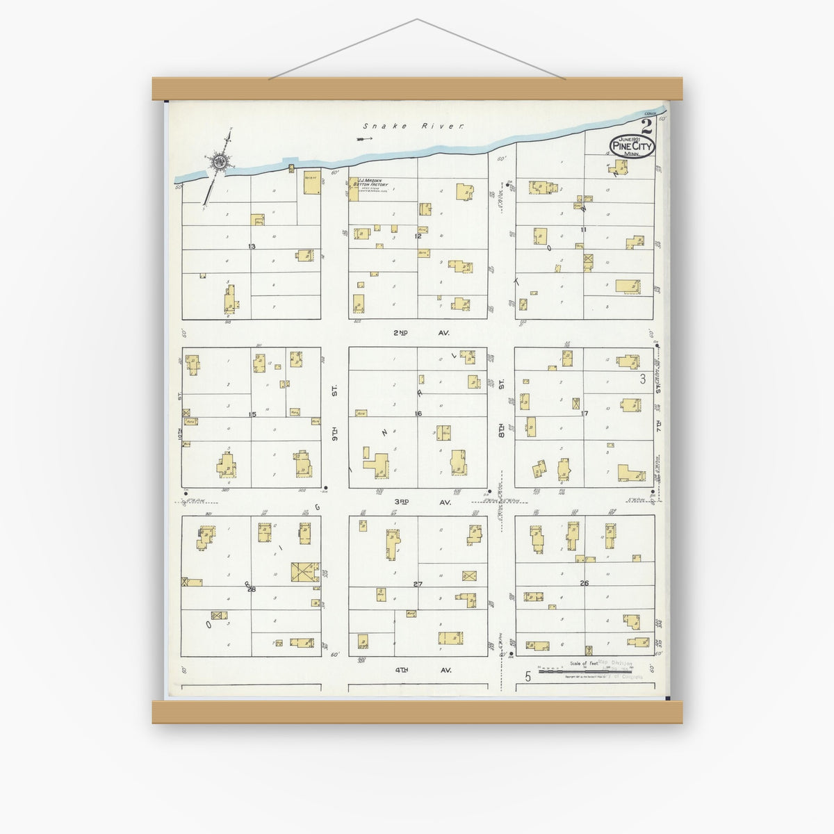 Old map wall art mockup — magnetic wood frame on white wall — Sanborn Fire Insurance Map from Pine City, Pine County, Minnesota (1921), Sheet #0002