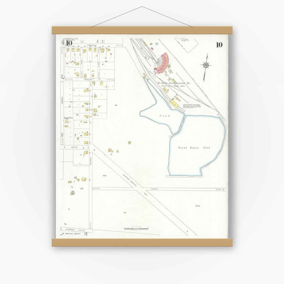 Old map wall art mockup — magnetic wood frame on white wall — Sanborn Fire Insurance Map from Commerce, Hunt County, Texas (1933), Sheet #0010