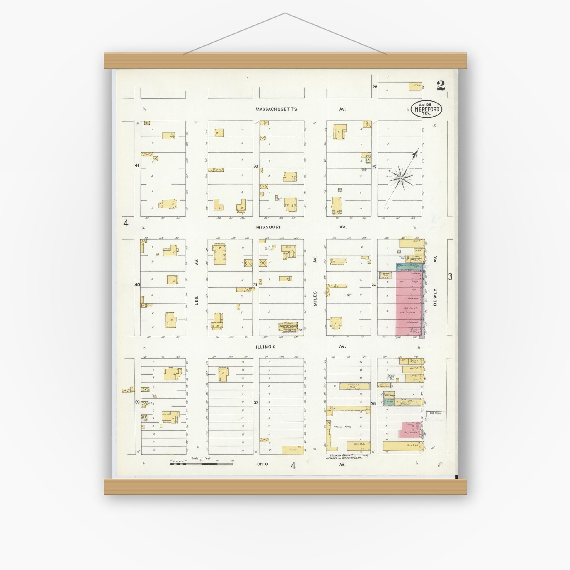 Old map wall art mockup — magnetic wood frame on white wall — Sanborn Fire Insurance Map from Hereford, Deaf Smith County, Texas (1908), Sheet #0002