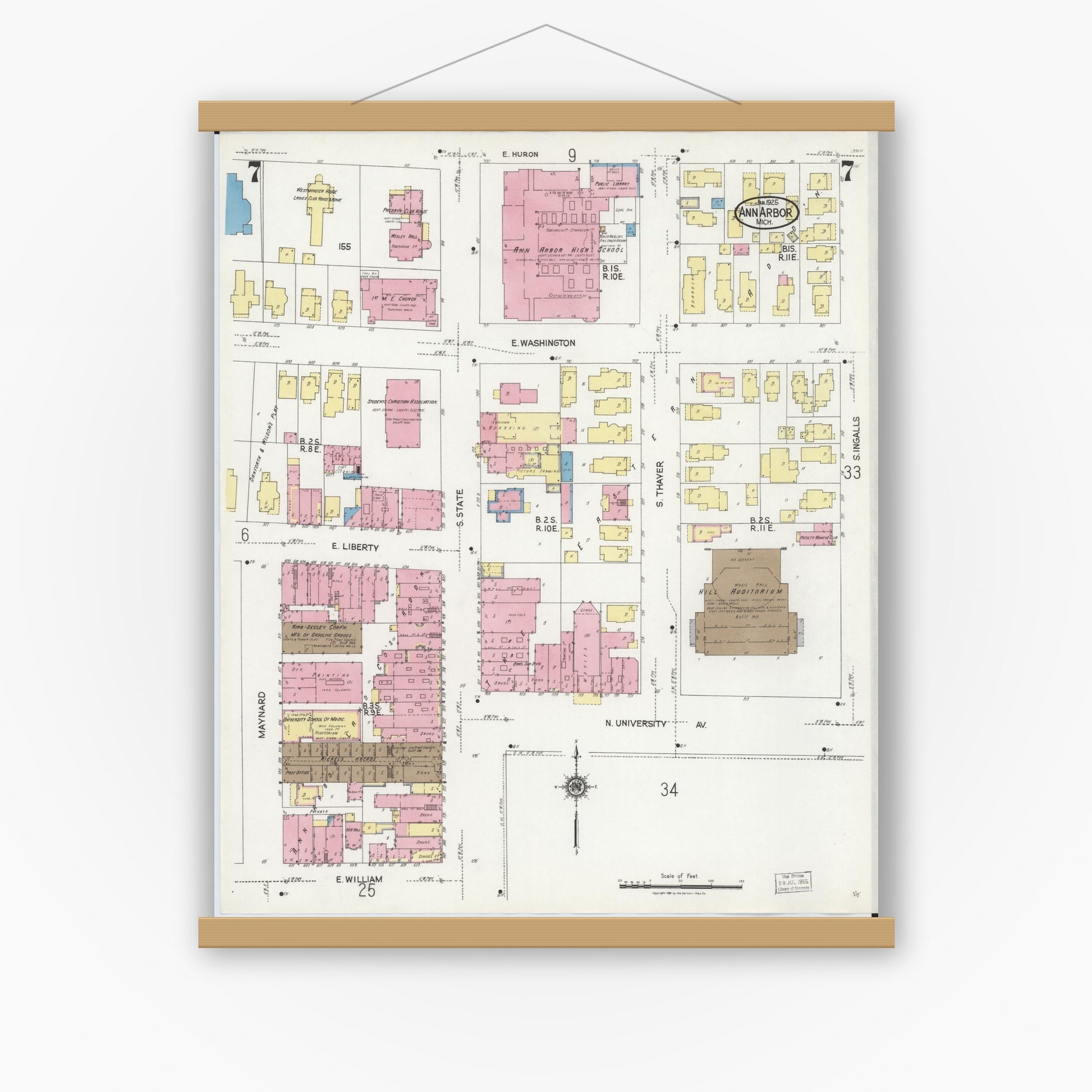 Old map wall art mockup — magnetic wood frame on white wall — Sanborn Fire Insurance Map from Ann Arbor, Washtenaw County, Michigan (1925), Sheet #0007