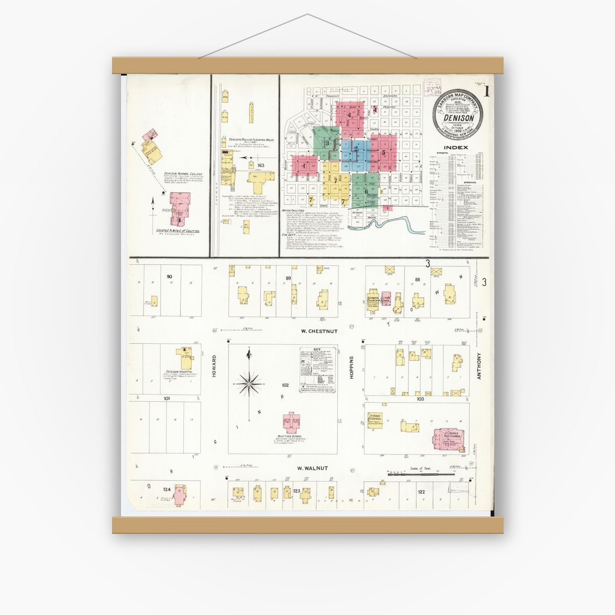 Old map wall art mockup — magnetic wood frame on white wall — Sanborn Fire Insurance Map from Denison, Crawford County, Iowa (1908) â€” Complete Set