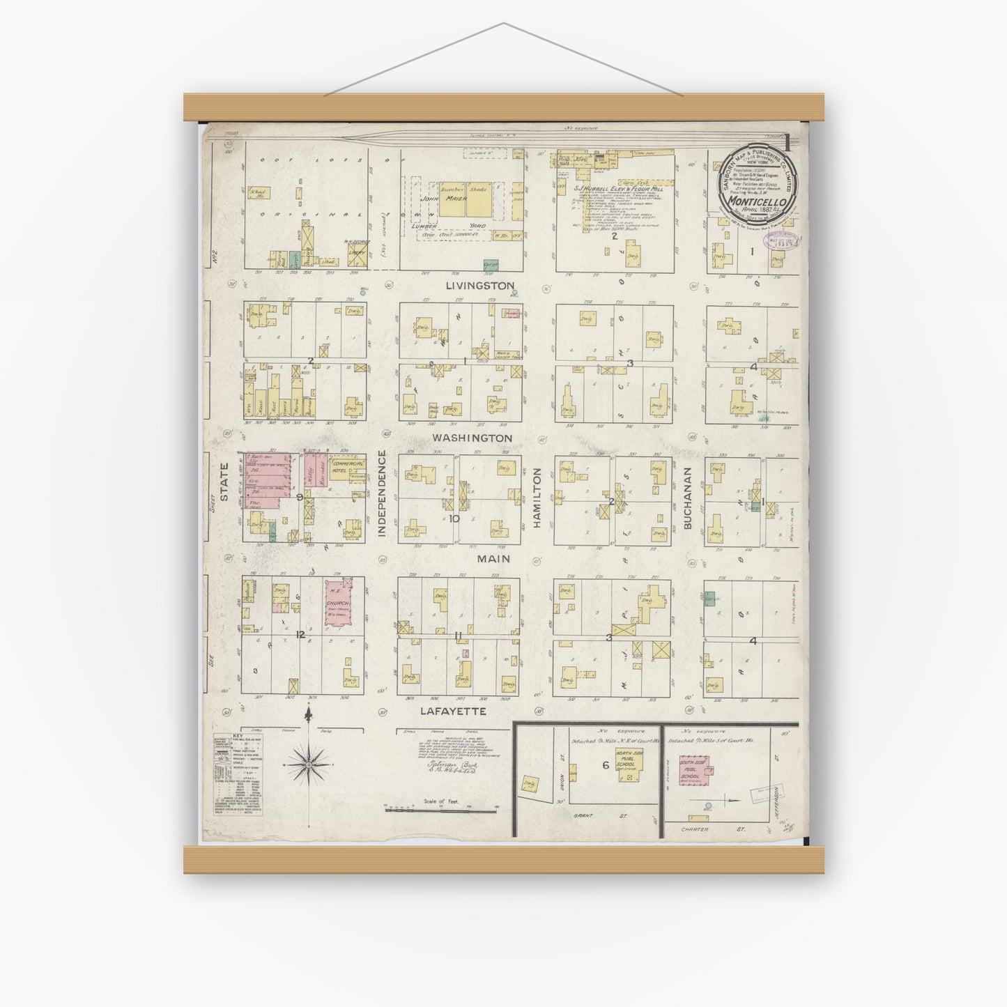 Old map wall art mockup — magnetic wood frame on white wall — Sanborn Fire Insurance Map from Monticello, Piatt County, Illinois (1887), Sheet #0001