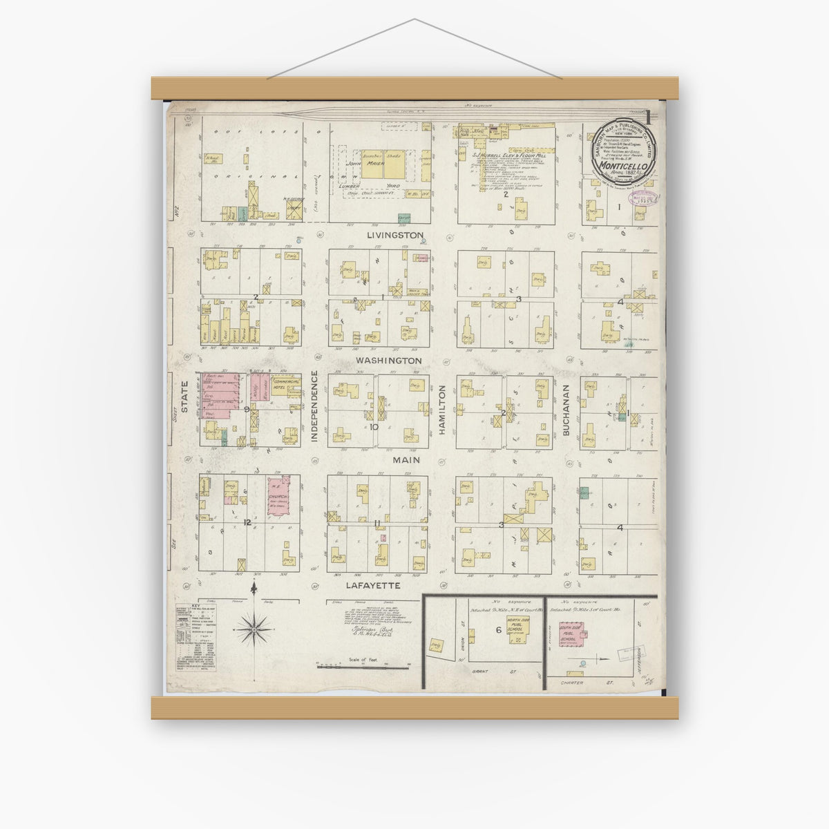 Old map wall art mockup — magnetic wood frame on white wall — Sanborn Fire Insurance Map from Monticello, Piatt County, Illinois (1887), Sheet #0001