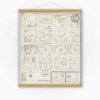 Old map wall art mockup — magnetic wood frame on white wall — Sanborn Fire Insurance Map from Monticello, Piatt County, Illinois (1887), Sheet #0001