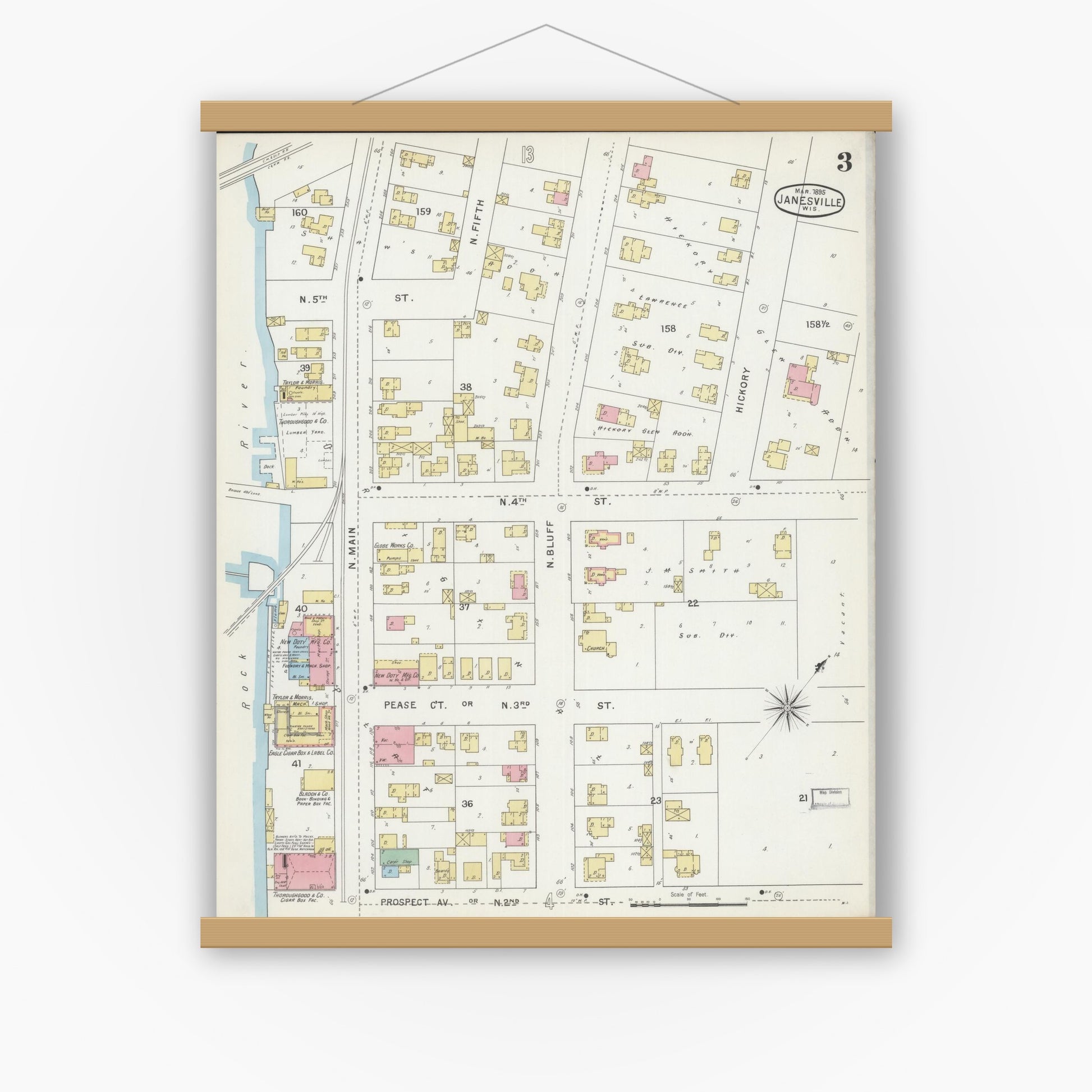 Old map wall art mockup — magnetic wood frame on white wall — Sanborn Fire Insurance Map from Janesville, Rock County, Wisconsin (1895), Sheet #0003