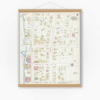 Old map wall art mockup — magnetic wood frame on white wall — Sanborn Fire Insurance Map from Janesville, Rock County, Wisconsin (1895), Sheet #0003