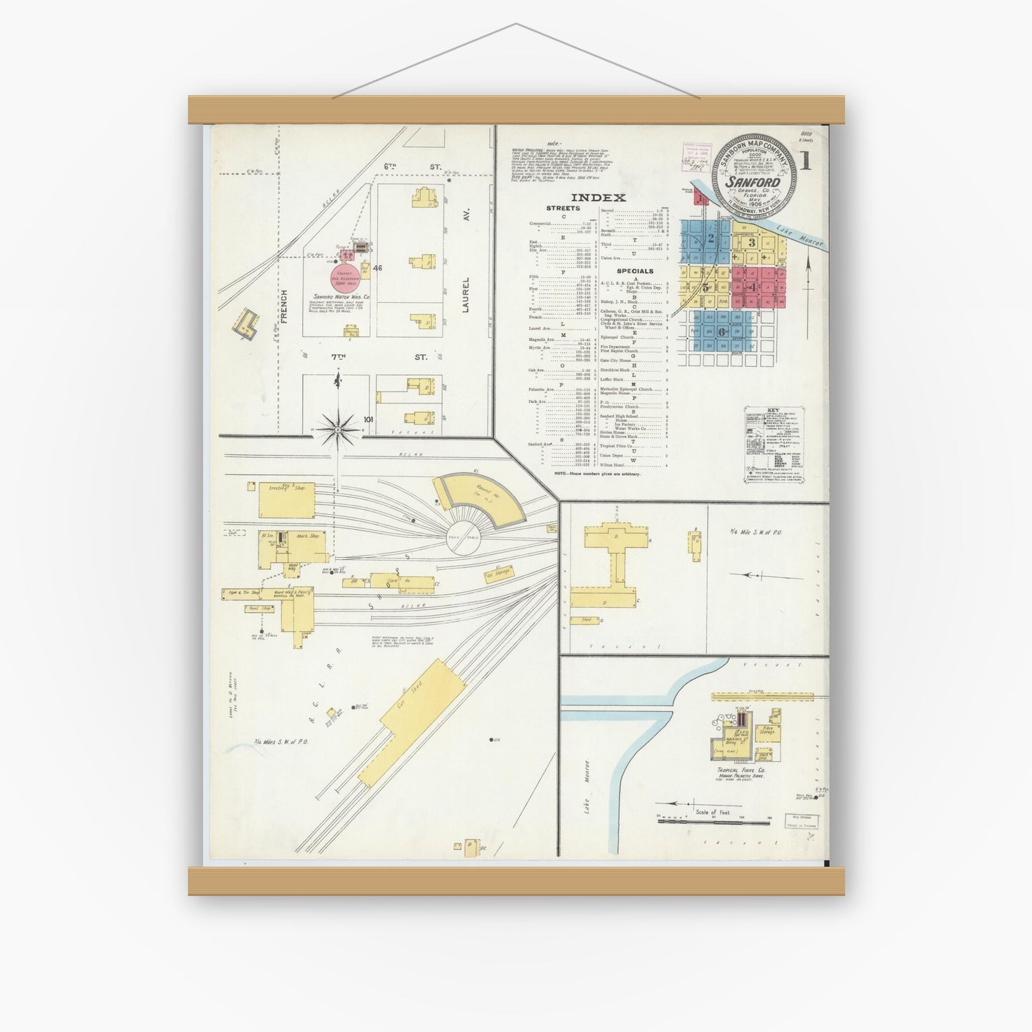 Old map wall art mockup — magnetic wood frame on white wall — Sanborn Fire Insurance Map from Sanford, Seminole County, Florida (1906), Sheet #0001