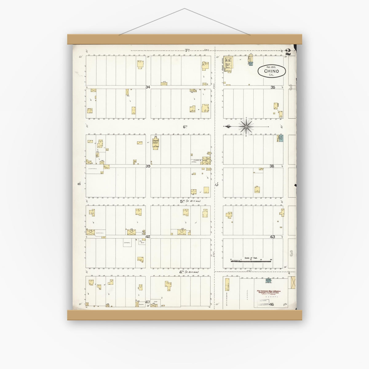Old map wall art mockup — magnetic wood frame on white wall — Sanborn Fire Insurance Map from Chino, San Bernardino County, California (1895), Sheet #0002