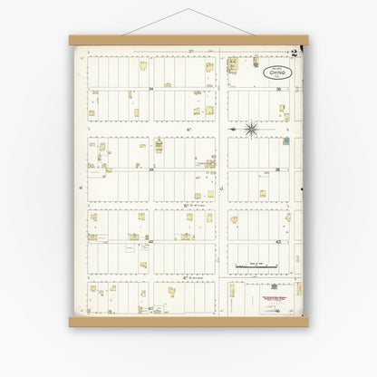 Old map wall art mockup — magnetic wood frame on white wall — Sanborn Fire Insurance Map from Chino, San Bernardino County, California (1895), Sheet #0002