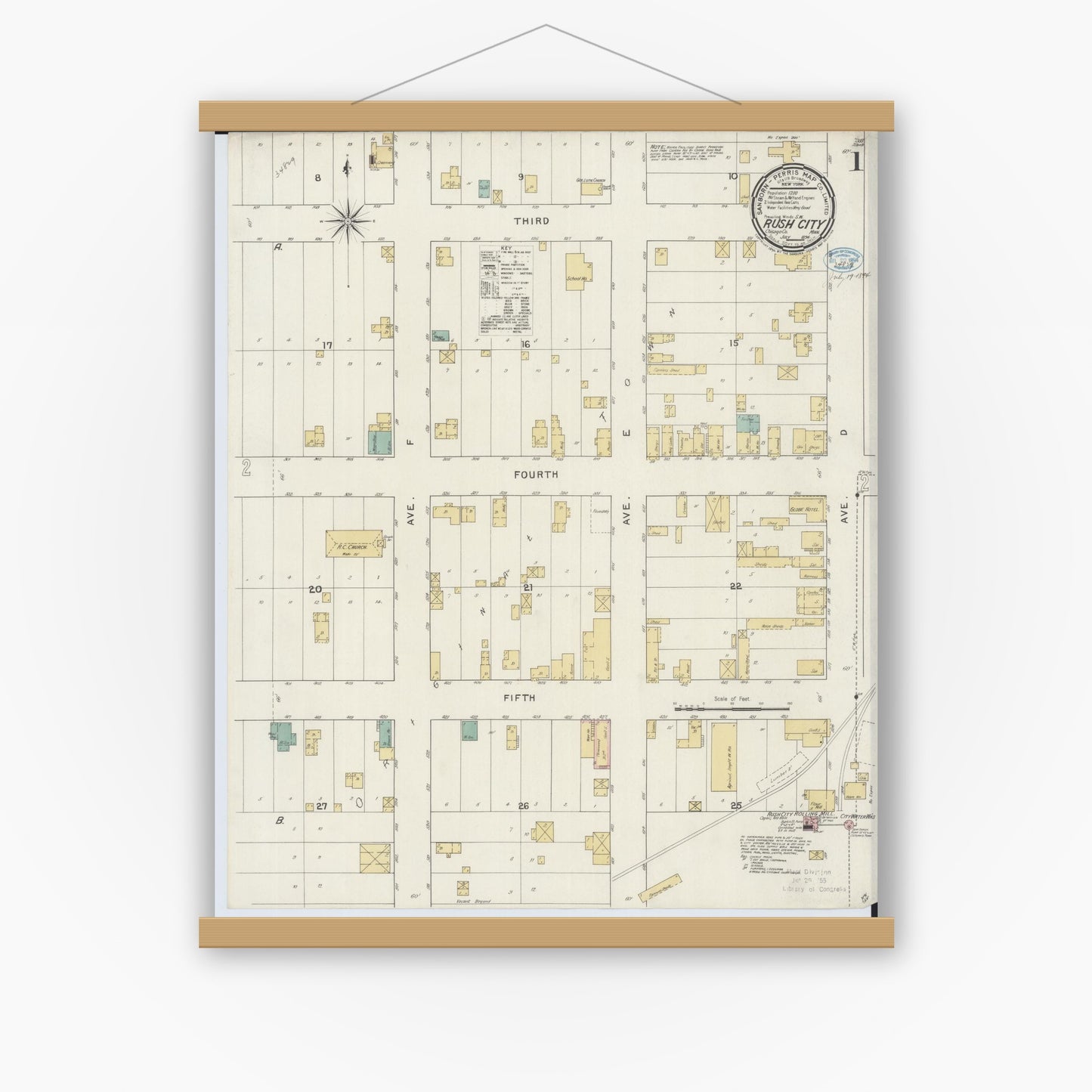 Old map wall art mockup — magnetic wood frame on white wall — Sanborn Fire Insurance Map from Rush City, Chisago County, Minnesota (1894), Sheet #0001