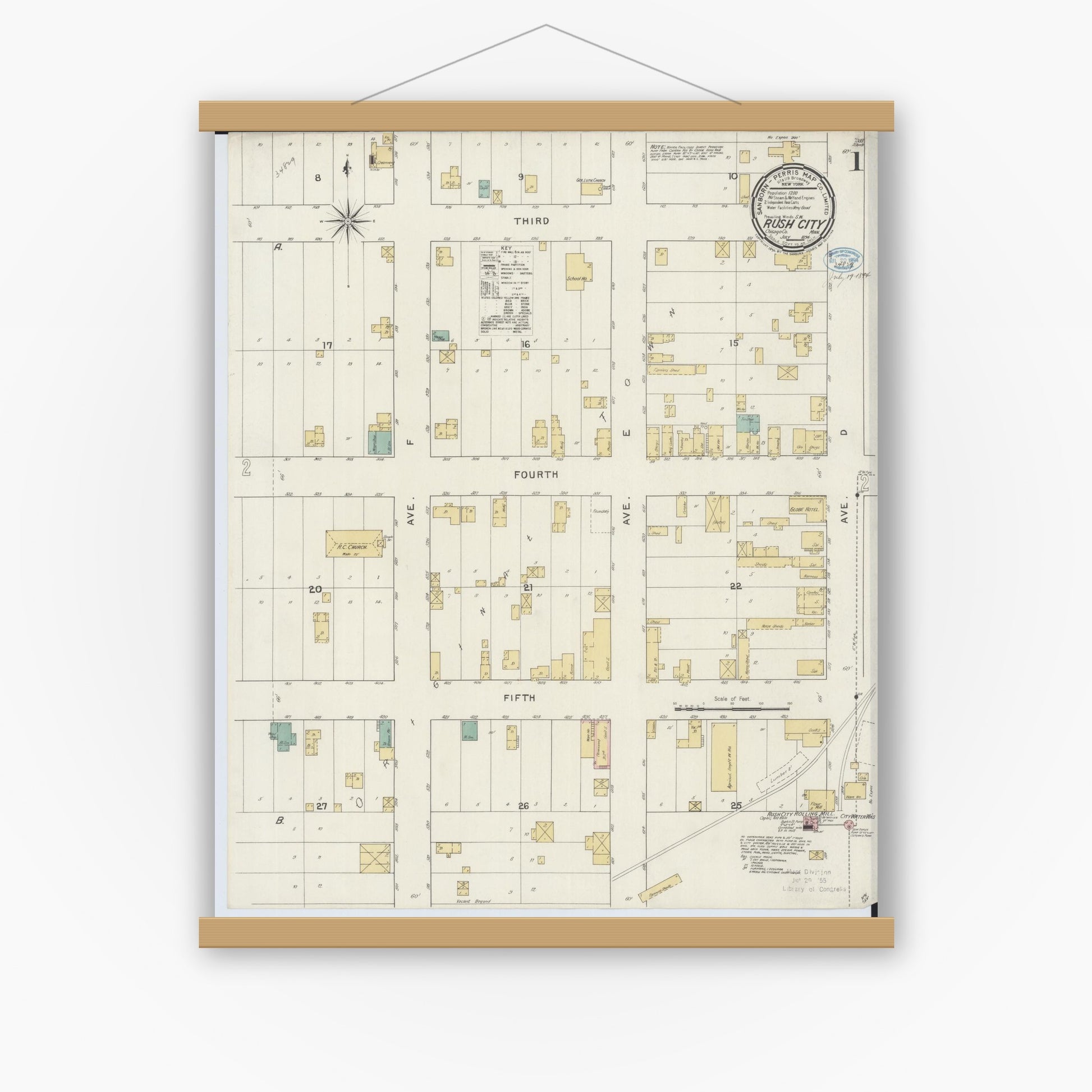 Old map wall art mockup — magnetic wood frame on white wall — Sanborn Fire Insurance Map from Rush City, Chisago County, Minnesota (1894), Sheet #0001
