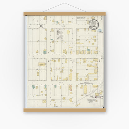 Old map wall art mockup — magnetic wood frame on white wall — Sanborn Fire Insurance Map from Rush City, Chisago County, Minnesota (1894), Sheet #0001