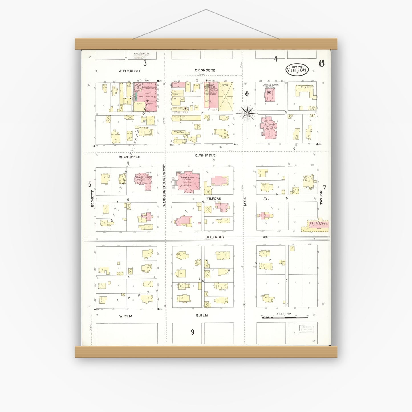 Old map wall art mockup — magnetic wood frame on white wall — Sanborn Fire Insurance Map from Vinton, Benton County, Iowa (1906), Sheet #0006