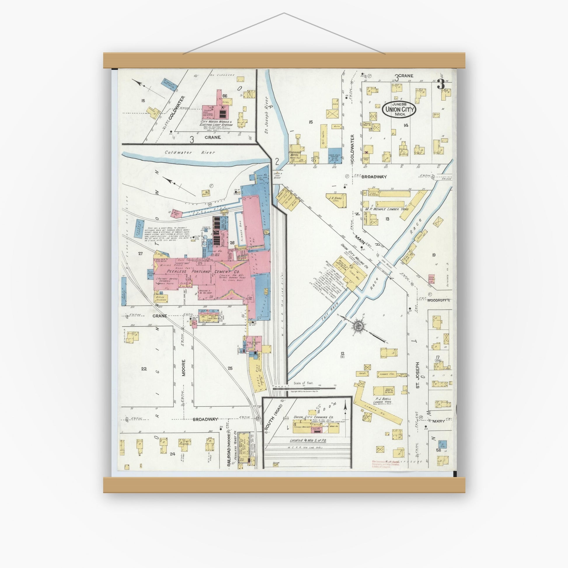 Old map wall art mockup — magnetic wood frame on white wall — Sanborn Fire Insurance Map from Union City, Branch And Calhoun Counties, Michigan (1918), Sheet #0003