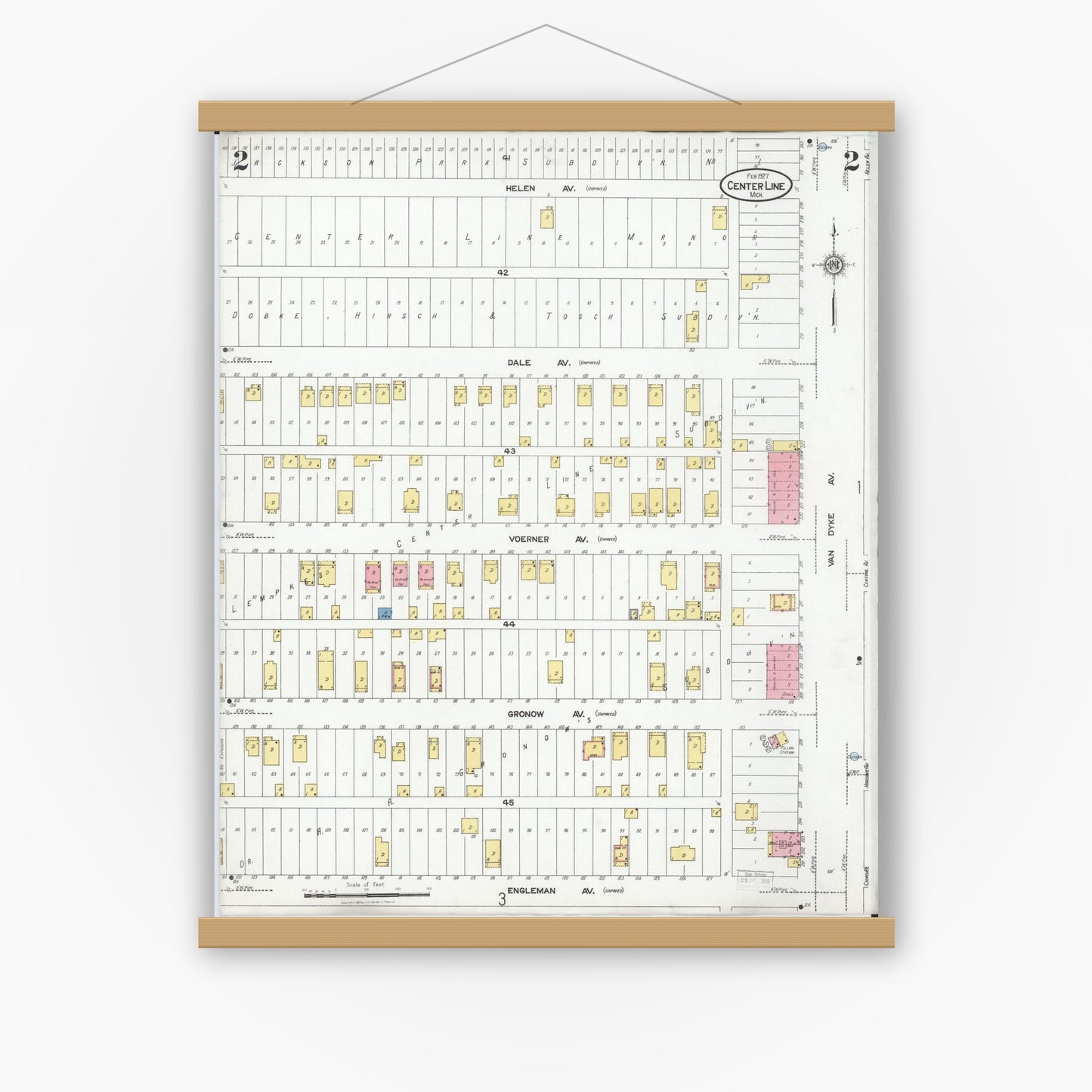 Old map wall art mockup — magnetic wood frame on white wall — Sanborn Fire Insurance Map from Center Line, Macomb County, Michigan (1927), Sheet #0002