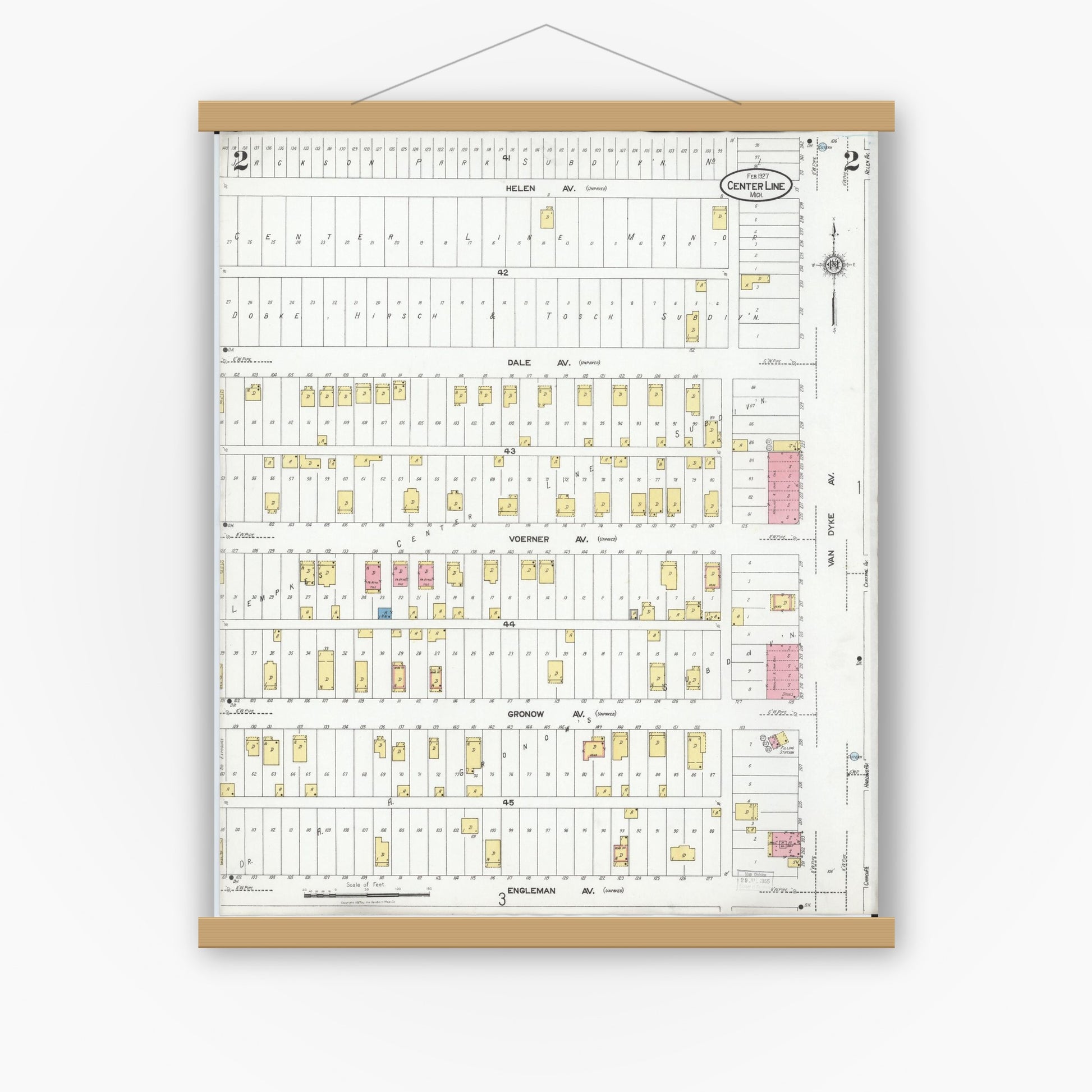 Old map wall art mockup — magnetic wood frame on white wall — Sanborn Fire Insurance Map from Center Line, Macomb County, Michigan (1927), Sheet #0002