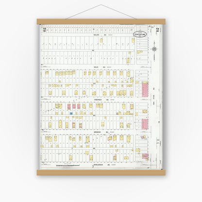 Old map wall art mockup — magnetic wood frame on white wall — Sanborn Fire Insurance Map from Center Line, Macomb County, Michigan (1927), Sheet #0002