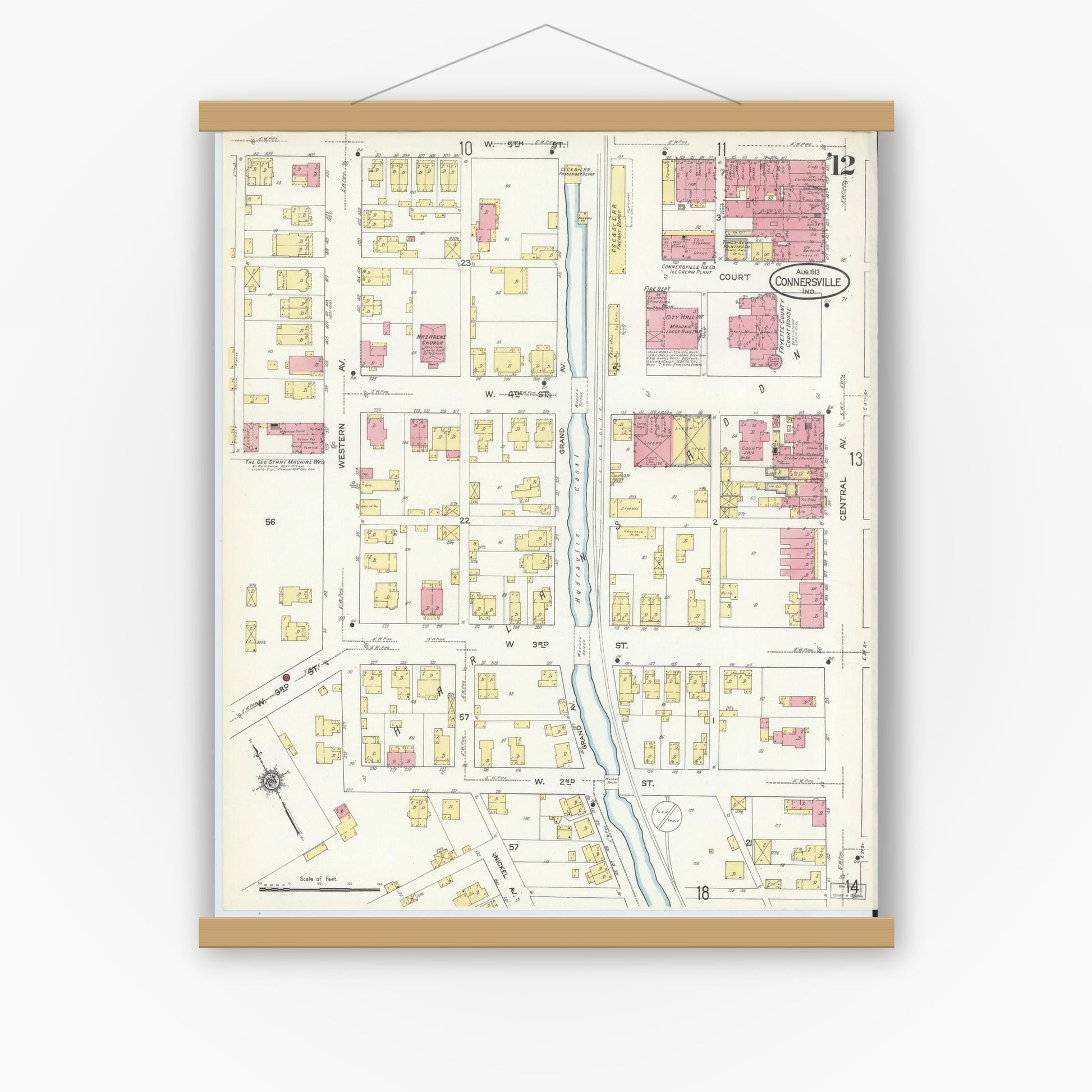 Old map wall art mockup — magnetic wood frame on white wall — Sanborn Fire Insurance Map from Connersville, Fayette County, Indiana (1913), Sheet #0012