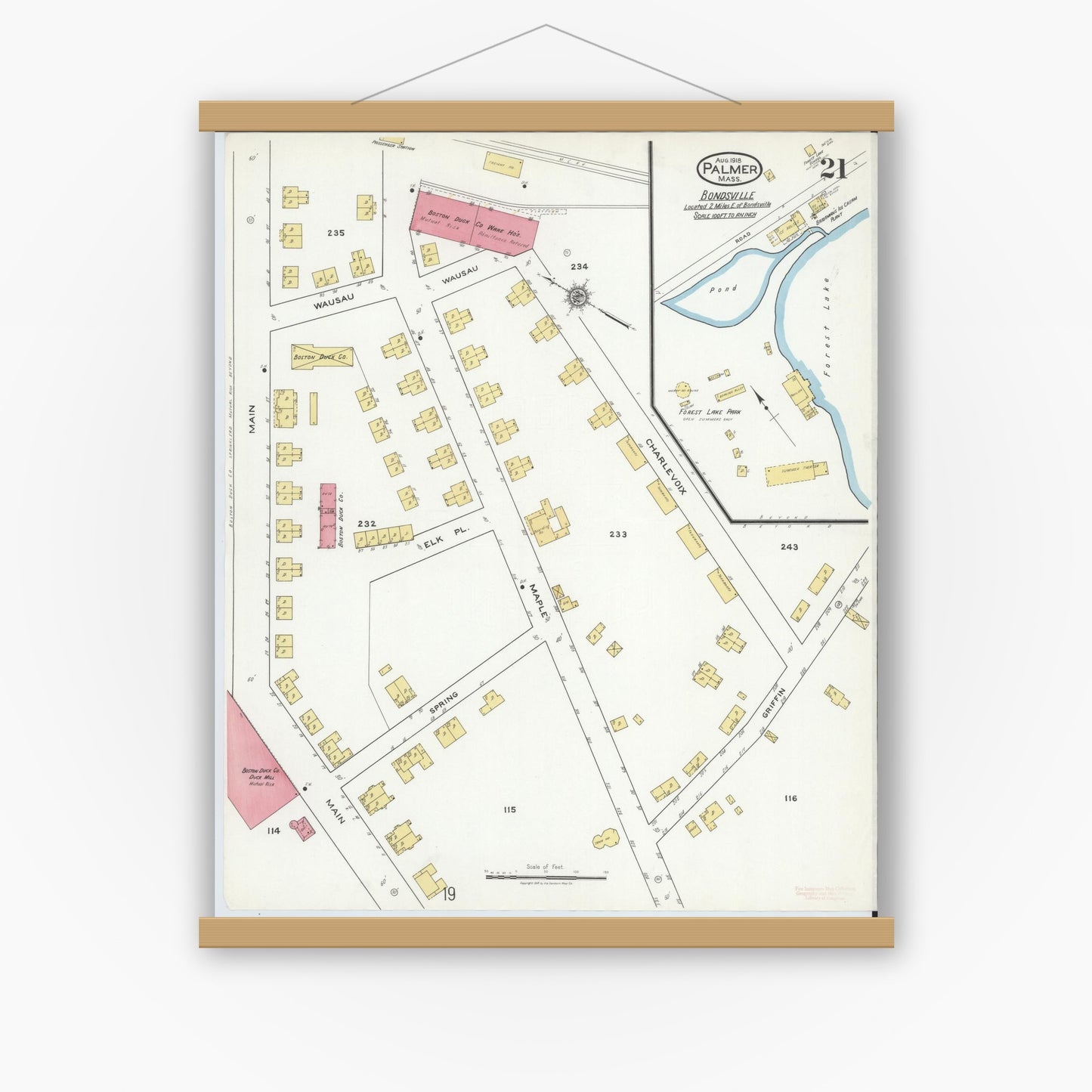 Old map wall art mockup — magnetic wood frame on white wall — Sanborn Fire Insurance Map from Palmer, Hampden County, Massachusetts (1918), Sheet #0021
