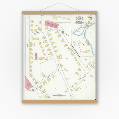 Old map wall art mockup — magnetic wood frame on white wall — Sanborn Fire Insurance Map from Palmer, Hampden County, Massachusetts (1918), Sheet #0021