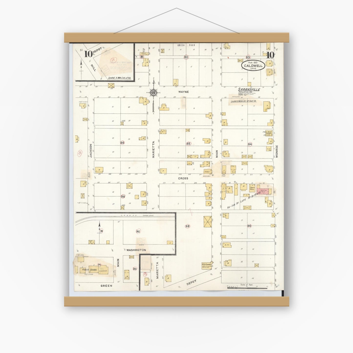 Old map wall art mockup — magnetic wood frame on white wall — Sanborn Fire Insurance Map from Caldwell, Noble County, Ohio (1932), Sheet #0010